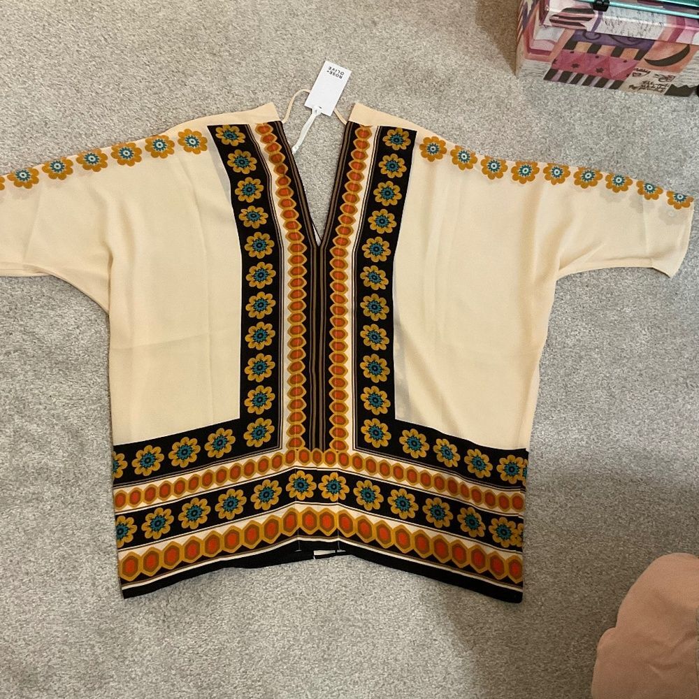 NWT Rose & Olive Boho Floral Print Kimono Blouse peach brown blue orange - Picture 5 of 8
